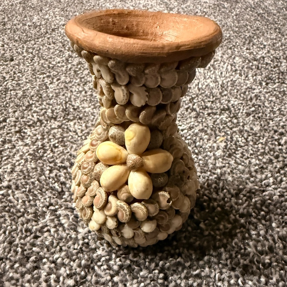 Vintage Seashell Encrusted Terracotta Bud Vase Handmade Pottery